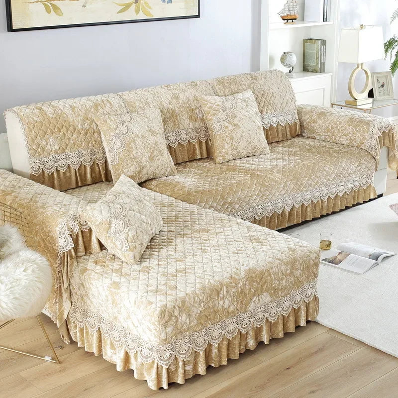 Embroidery Lace Sofa Cushion Gold Velvet Hemline Sofa Cover Autumn Winter European Couch Cover Solid Color Checkered Sofa Mat
