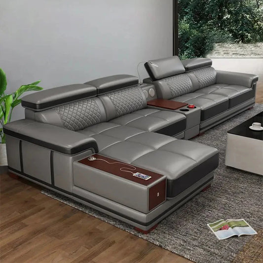 Modern Luxury Genuine Leather Sectional Sofa with Chaise Lounge, Adjustable Headrest, Built-in Storage, USB Charging, Cup Holder
