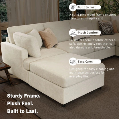 127 inch U-shaped segmented sofa with movable Ottoman style, 6-piece set of chenille fabric sofa