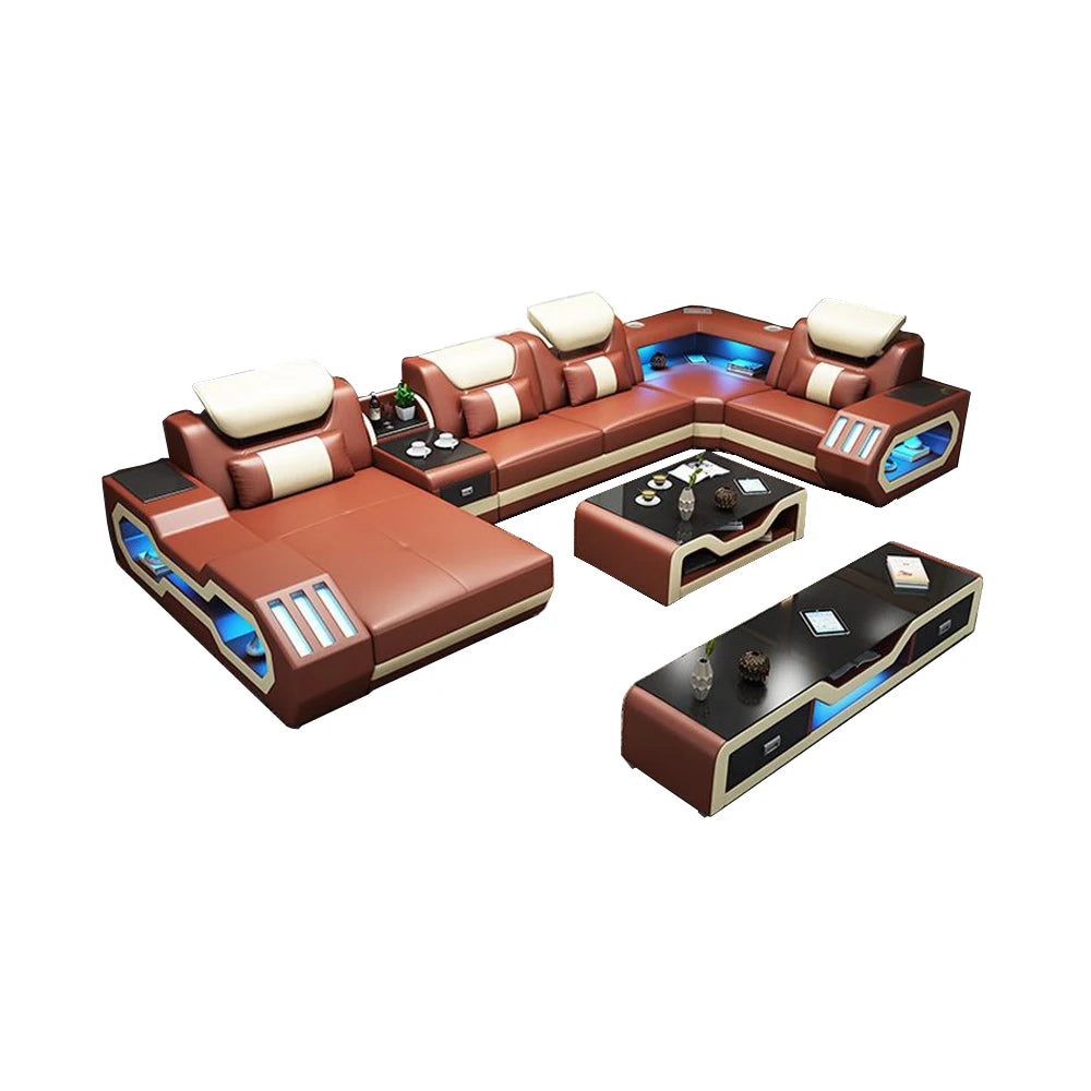 MANBAS Leather Sofa Set with LED Light Living Room Furniture Couch Sofas Modernos Para Sala Grandes Sofás with USB Charging,Tabl