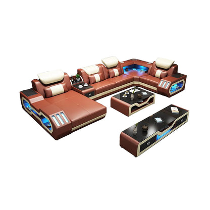 MANBAS Leather Sofa Set with LED Light Living Room Furniture Couch Sofas Modernos Para Sala Grandes Sofás with USB Charging,Tabl