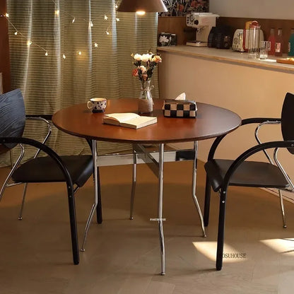 Stainless Steel Solid Wood Round Dining Tables Home Small Round Table for Kitchen Furniture Medieval Style Retro Folding Table