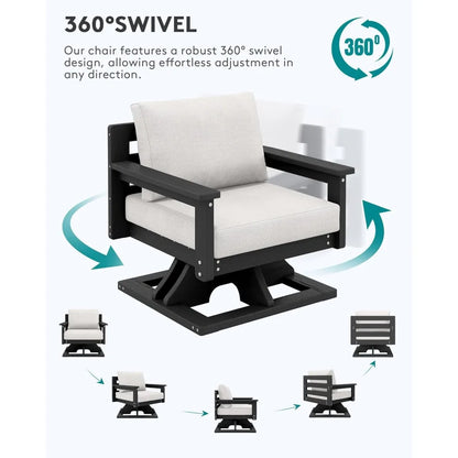 Outdoor Swivel Chairs, All-Weather Patio Swivel Sofas with Thick Cushions for Porch, Balcony, Black Frame with Beig