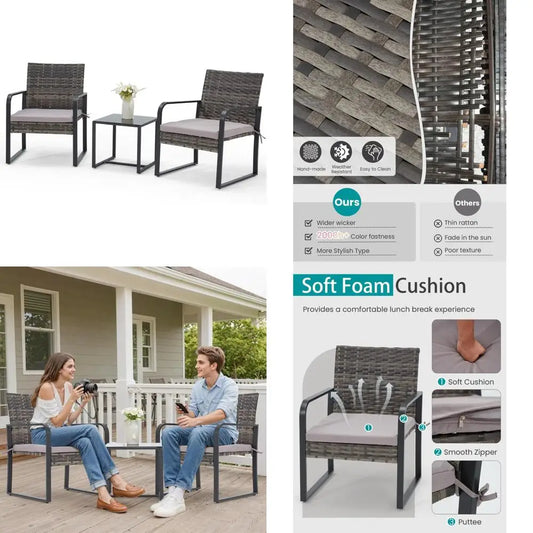 3-Piece Outdoor Patio Furniture Set: Modern Wicker Bistro Set with Rattan Chairs and Glass Coffee Table
