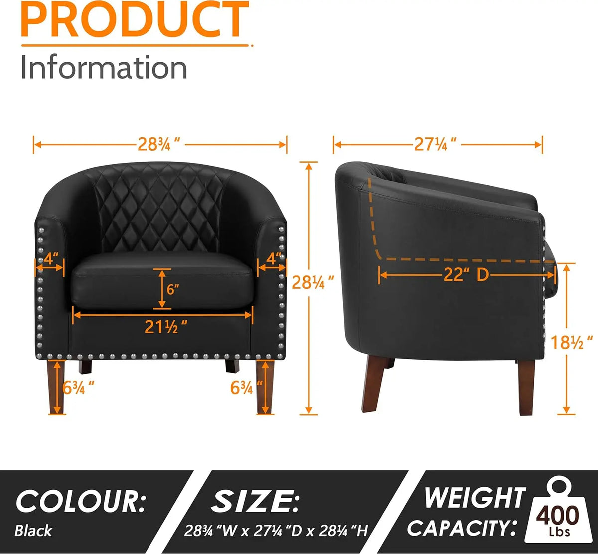 Barrel Chair Set of 2, Faux Leather Accent Chair with Cushion, Nail Trim & Diamond Grid Backrest, Black