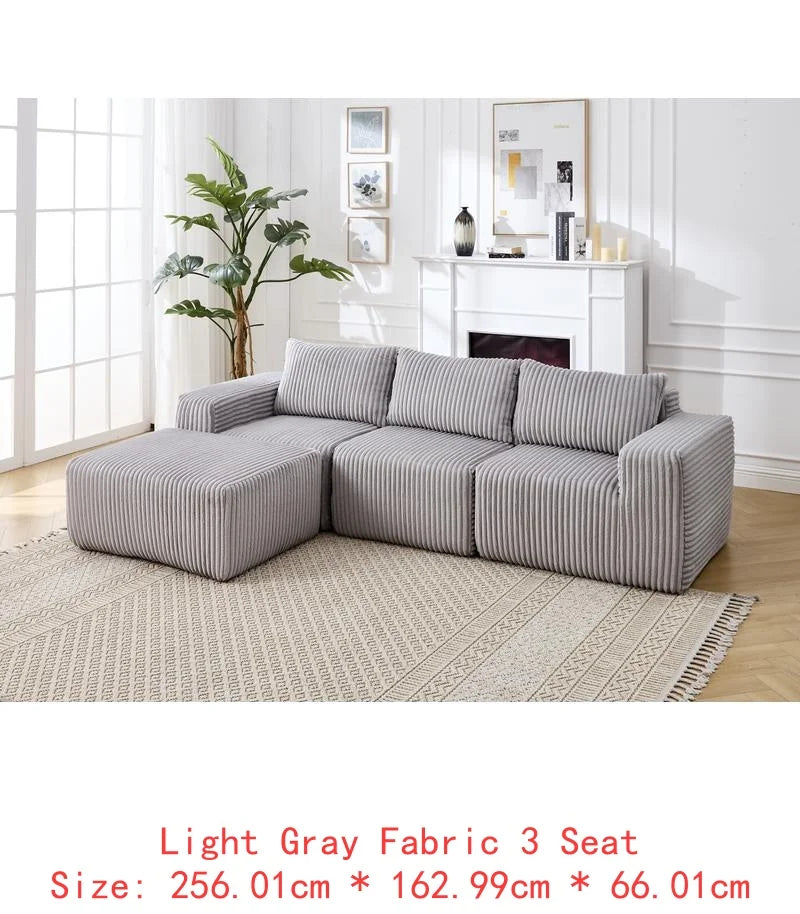 Grey Corduroy Striped Upholstered Sofa, Modern Minimalist U-shaped Sectional Sofa with Pull-out Bed & Storage Chaise, Soft and