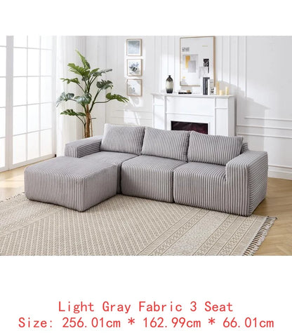 Grey Corduroy Striped Upholstered Sofa, Modern Minimalist U-shaped Sectional Sofa with Pull-out Bed & Storage Chaise, Soft and