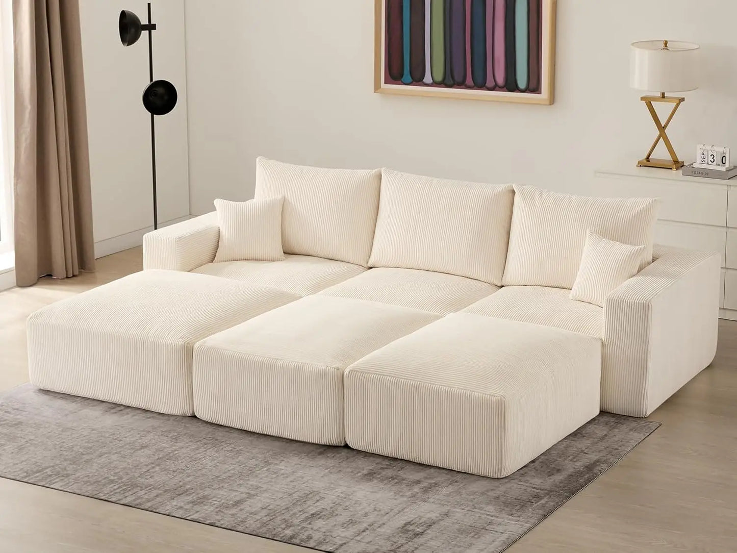 Sectional Cloud Boneless Sofa Bed Couches for Living Room-113'' Beige 3 Seater Modern Lounge Sleeper Couch-No Assembly-Modular C