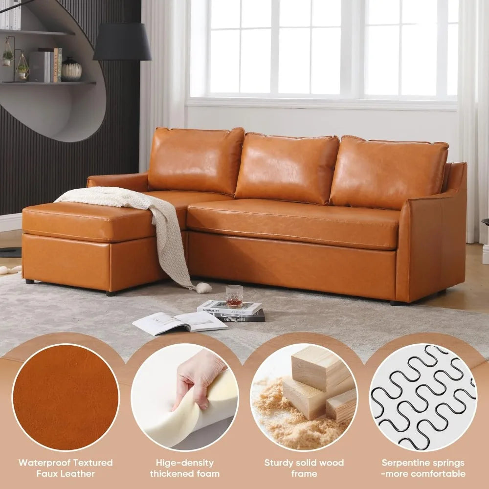 L-Shaped Faux Leather Sectional Sofa with Reversible Chaise, 80.7 Inches Long, Comfortable Mid-Century Modern Living Room Furnit