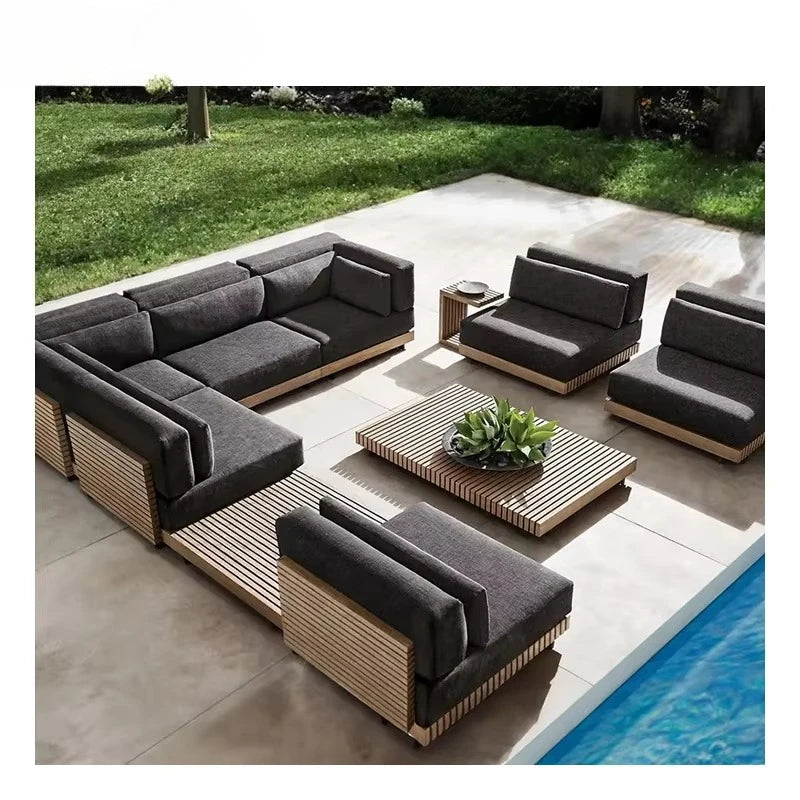 High Quality Solid Wood Teak Outdoor Patio Garden Sofas L-Shape Sectional Sofa Cushions for Villa Park Poolside Restaurant Use