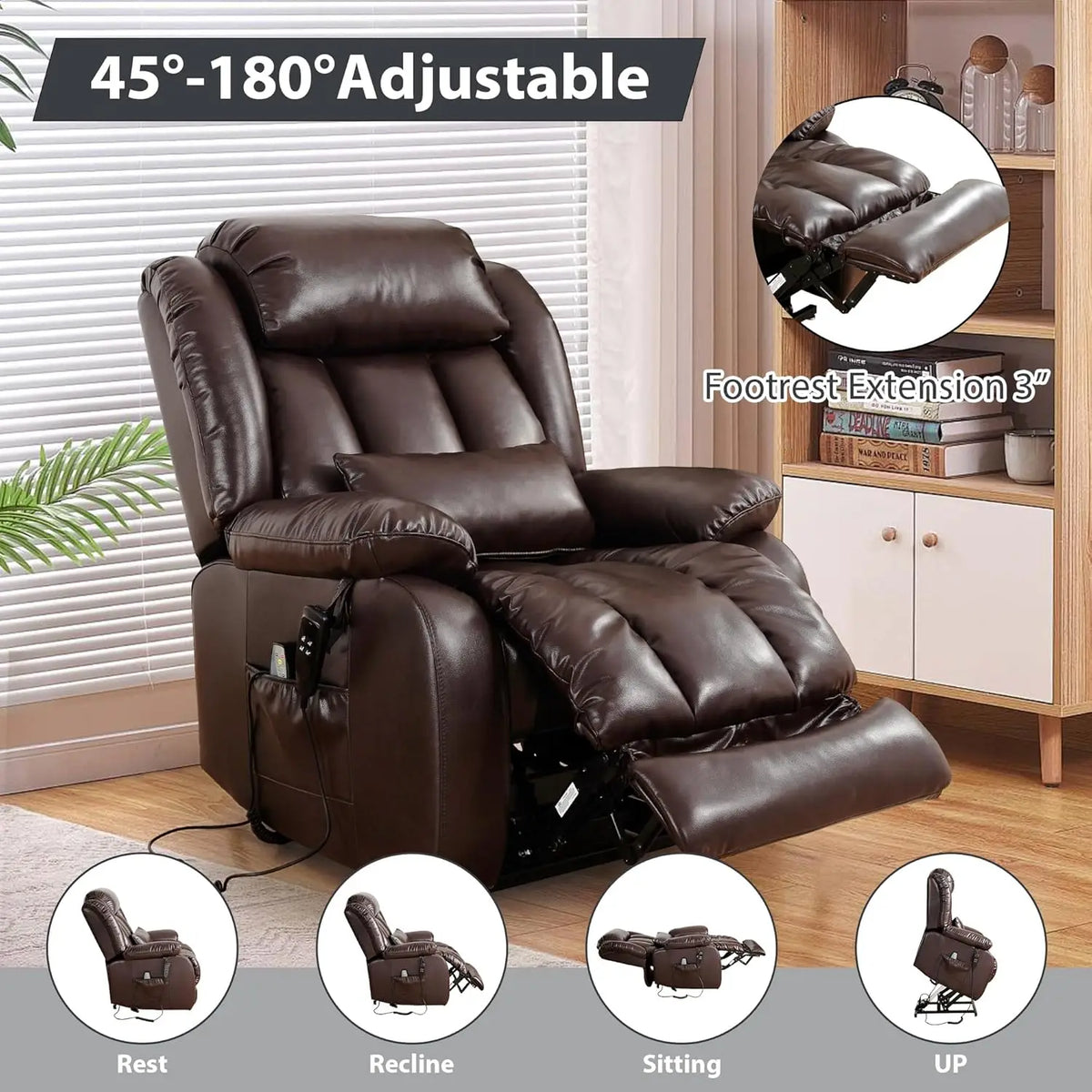 Large Genuine Leather Power Lift Recliner Chair for Elderly, Dual Motor with Massage and Heating,with Double Lumbar, Customized