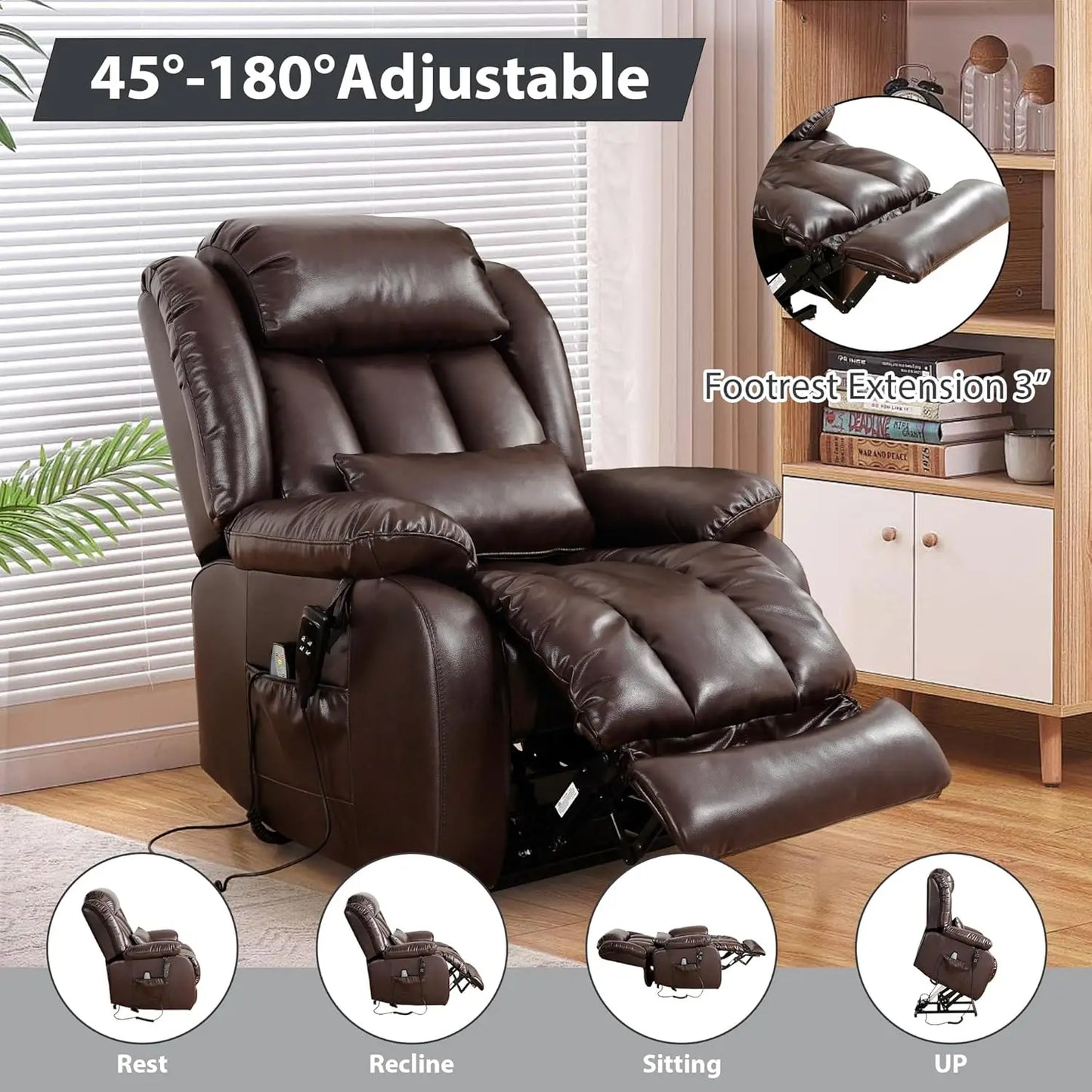 Large Genuine Leather Power Lift Recliner Chair for Elderly, Dual Motor with Massage and Heating,with Double Lumbar, Customized