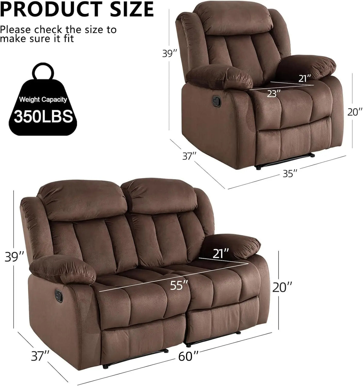 Manual Reclining Sofa Set with Overstuffed Arms & Backrest, Include 1 Recliner Chair & 1 Loveseat, Brown, Customized