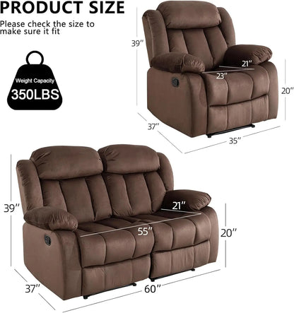 Manual Reclining Sofa Set with Overstuffed Arms & Backrest, Include 1 Recliner Chair & 1 Loveseat, Brown, Customized