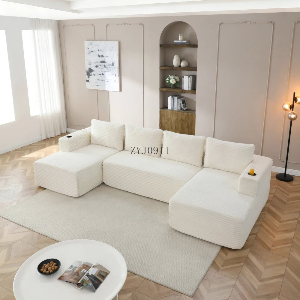 132-Inch boneless sofa, modern corduroy U-shaped modular section sofa, comfortable sofa with cup holder