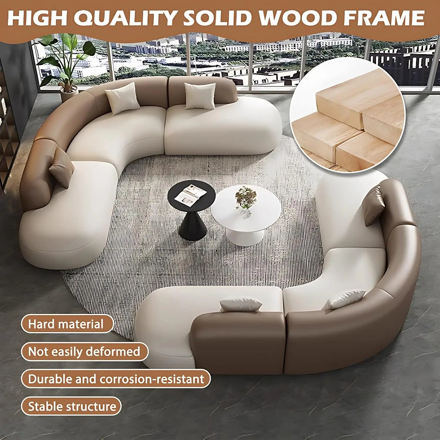 Curved Leather Corner Sofa Set with Solid Wood Frame, Modern Sectional Couches for Living Room, Comfortable Leather Couch Sets