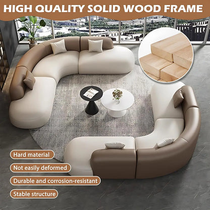 Curved Leather Corner Sofa Set with Solid Wood Frame, Modern Sectional Couches for Living Room, Comfortable Leather Couch Sets