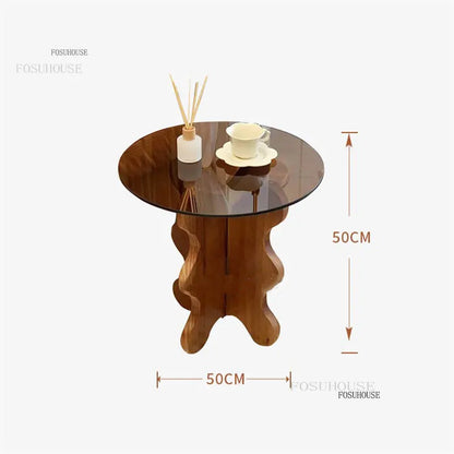 Table d'appoint de luxe légère en bois massif, Tables basses en verre nordique pour meubles de salon, Table d'angle pour petit appartement