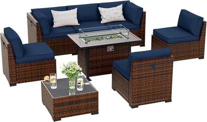8 Pieces Outdoor Furniture Sectional Rattan Sofa with Fire Pit Table, Patio Couch with Glass Coffee Table for Backyard Garden