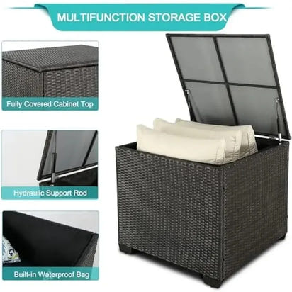 Outdoor Wicker Patio Furniture Set: Rattan Sectional Loveseat, Sofa with Storage Box, and Glass Top Table