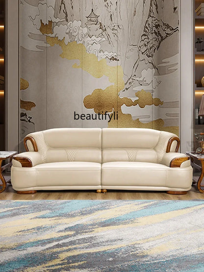 A38 Leather Sofa Luxury Villa Living Room New Chinese Style First Layer Cowhide European Solid Wood Home