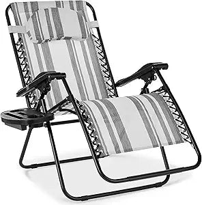 Oversized Zero Gravity Chair, Folding Outdoor Patio Lounge Recliner w/Cup Holder Accessory Tray, Pillow - Gray