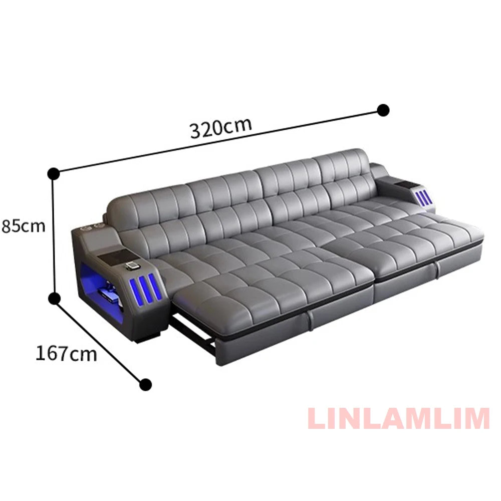 Modern Sectional Sofa Bed with LED Light, Electric Recliner and Massage，Living Room Genuine Leather Couch