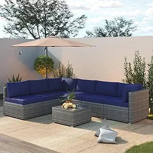 7 Piece Patio Furniture Set, Outdoor Patio Conversation Set, All-Weather Rattan Wicker Sectional Sofa Couch w Water Resistant Th