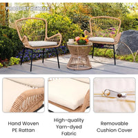 Boho Style Patio Set for Small Spaces，3 Piece Rattan Patio Bistro Set,Outdoor Wicker Furniture with 2 Chairs and Glass Top Table