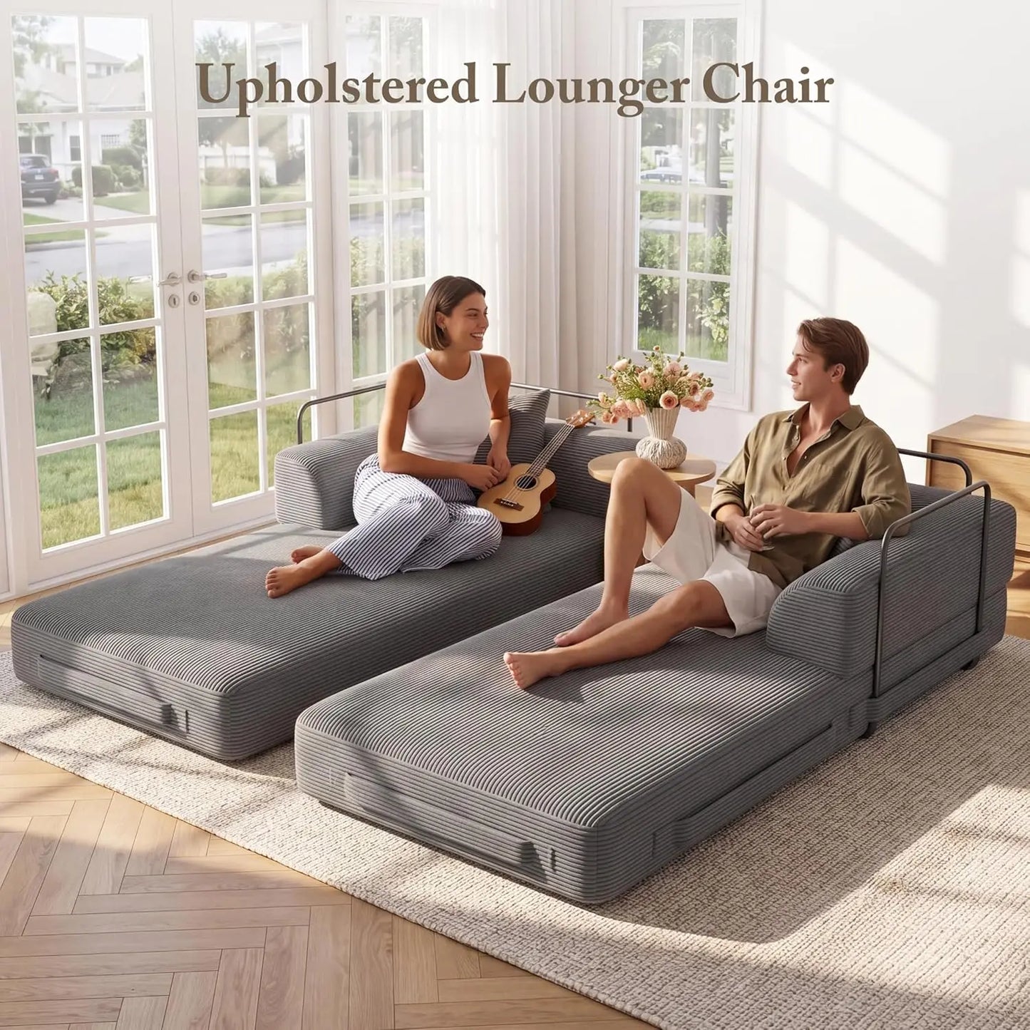 5-in-1 Convertible Sofa Bed Pull-Out Sleeper 70in High-Density Sponge Corduroy Futon Living Room Gray Customized