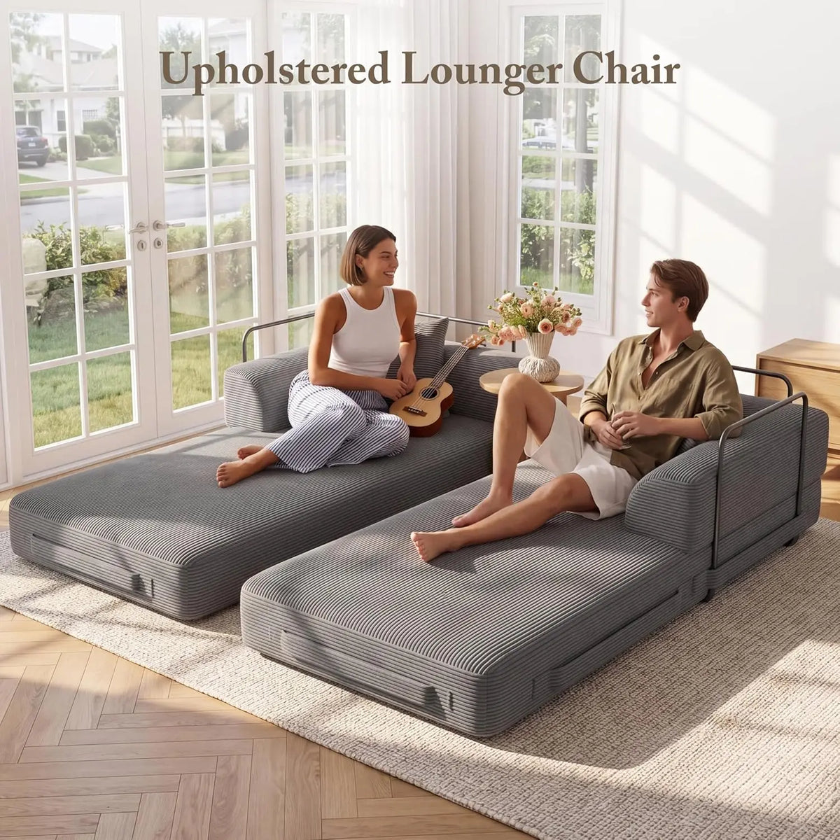 5-in-1 Convertible Sofa Bed Pull-Out Sleeper 70in High-Density Sponge Corduroy Futon Living Room Gray Customized