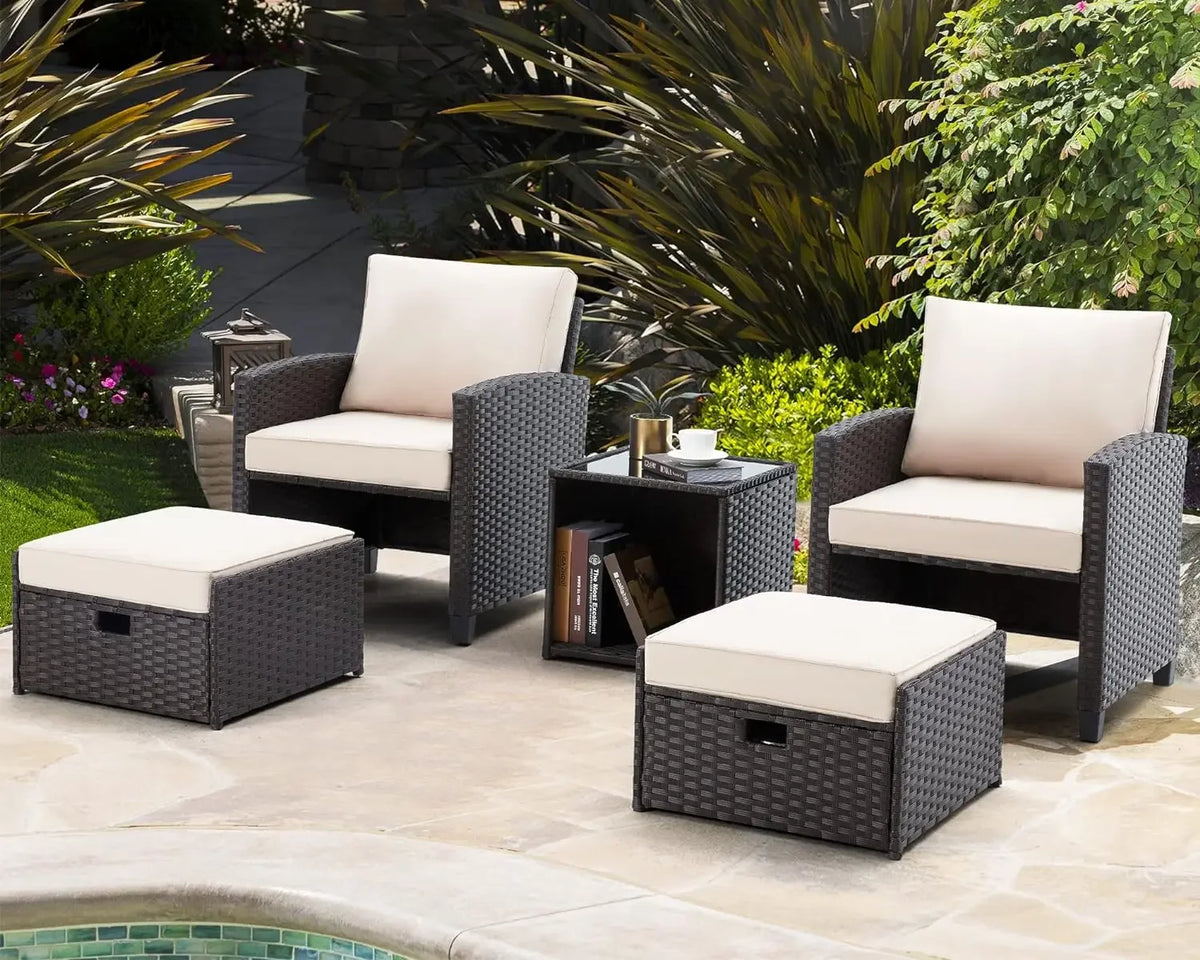 5Pcs Patio Set,  Wicker Outdoor Sectional with Cushions, Includes Coffe Table and Ottomans, Furniture for Pool, Garden, Patio