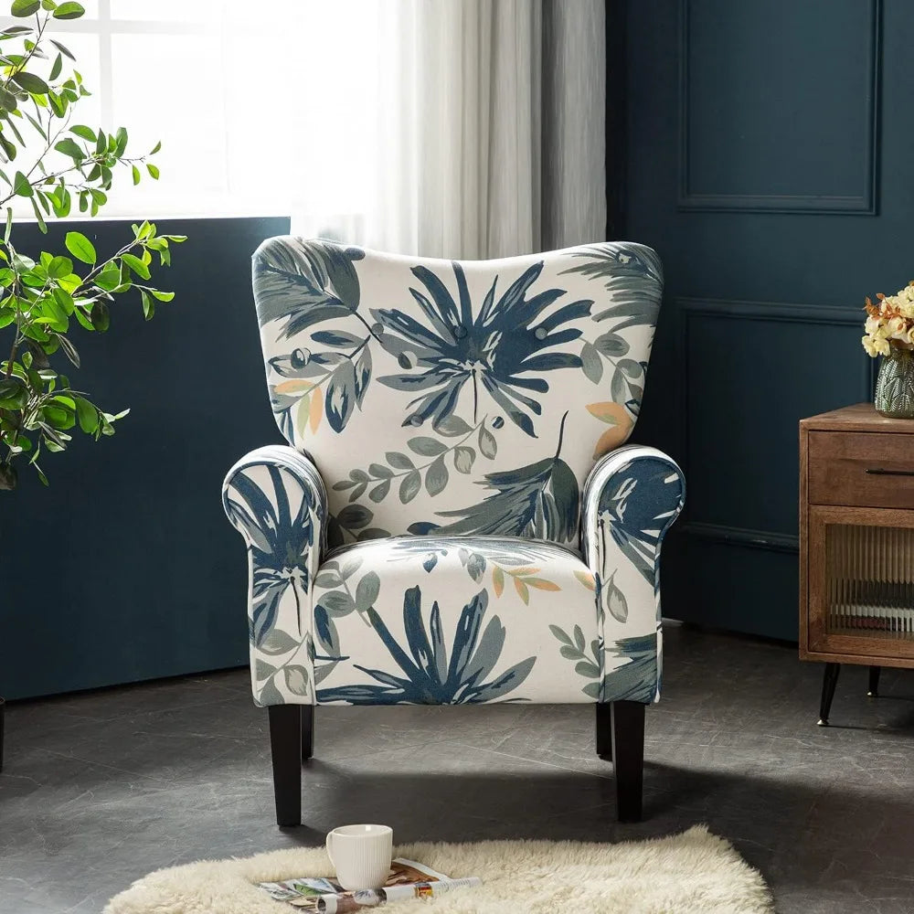 Modern Accent Chair,High Back Armchair,Upholstered Fabric Button Single Sofa with Wooden Legs for Living Room,Customized