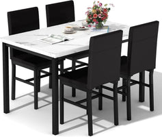 Modern 4-Piece Dining Set with Faux Marble Table & 4 Leather Chairs, White, Small Space Ready