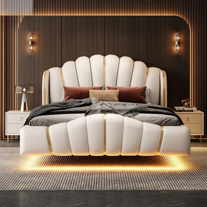 Light luxury luxury soft bag bed adult leather bed suspended double high-end LED smart light leather master bedroom