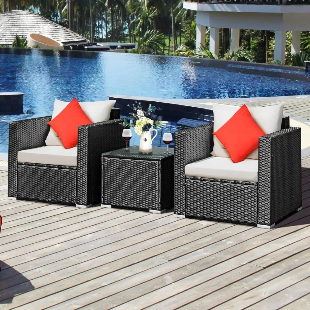 3-Piece Outdoor Patio Furniture Set, Cushioned Armchairs and Tempered Glass Coffee Table, Wicker Rattan Sofa Set for Gar
