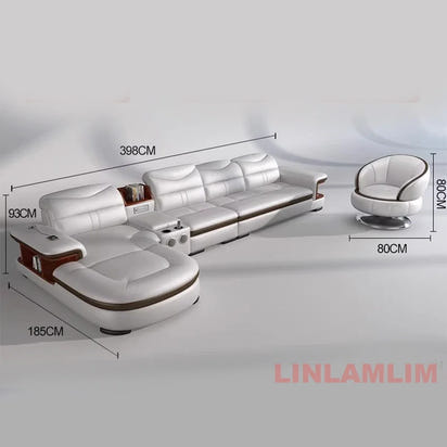 Modern L-Shaped Sectional Sofa with Chaise, Luxury Italian Genuine Leather Couch with adjustable headrest, Storage, USB, Console