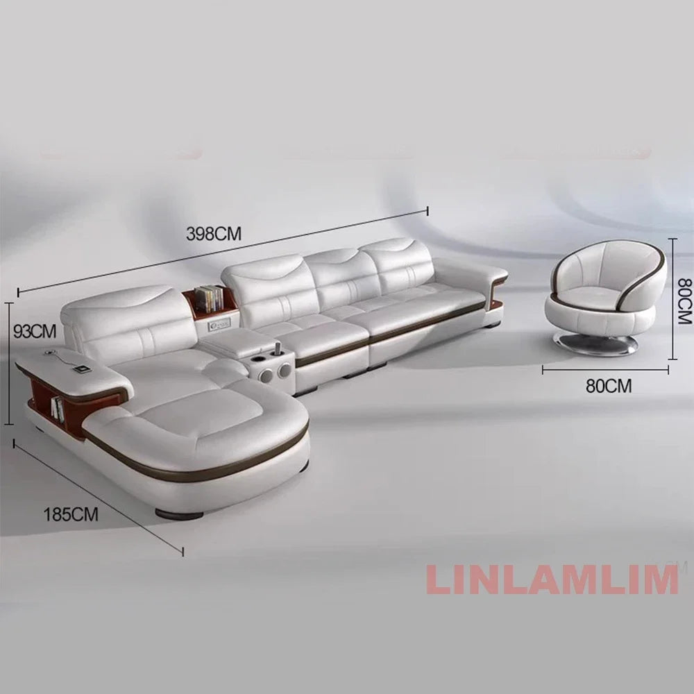 Modern L-Shaped Sectional Sofa with Chaise, Luxury Italian Genuine Leather Couch with adjustable headrest, Storage, USB, Console
