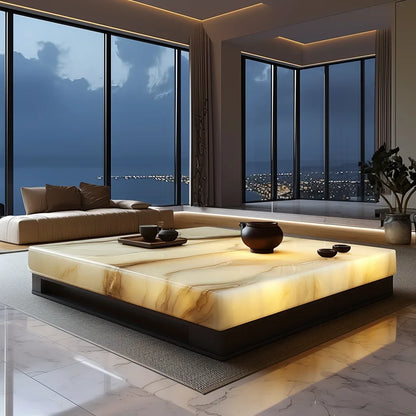 Large flat-layer luminous coffee table jade luxury stone square marble natural light luxury new Chinese Zen leisure area