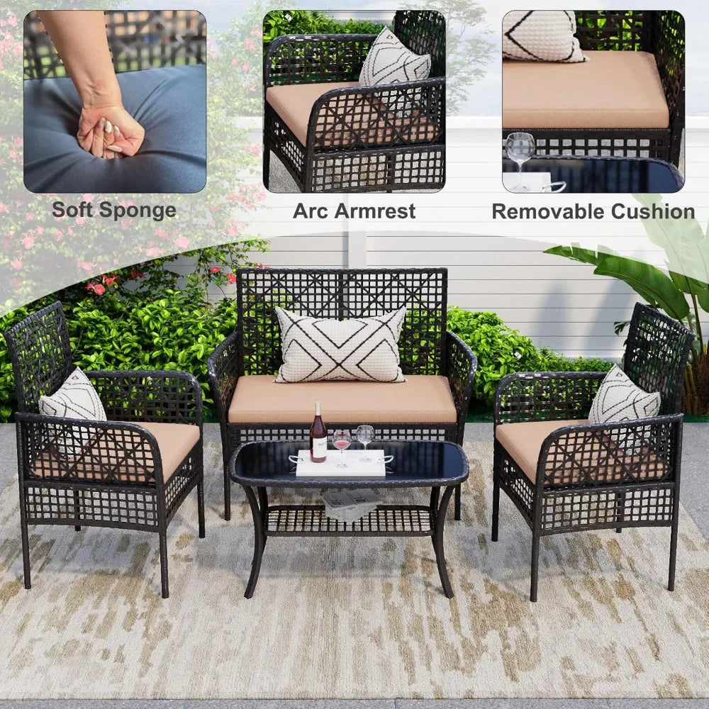 4 Pieces Outdoor Patio Furniture Set, Seating Conversation Sets with Coffee Table, Wicker Loveseat Sofa PE Rattan Chairs for Law