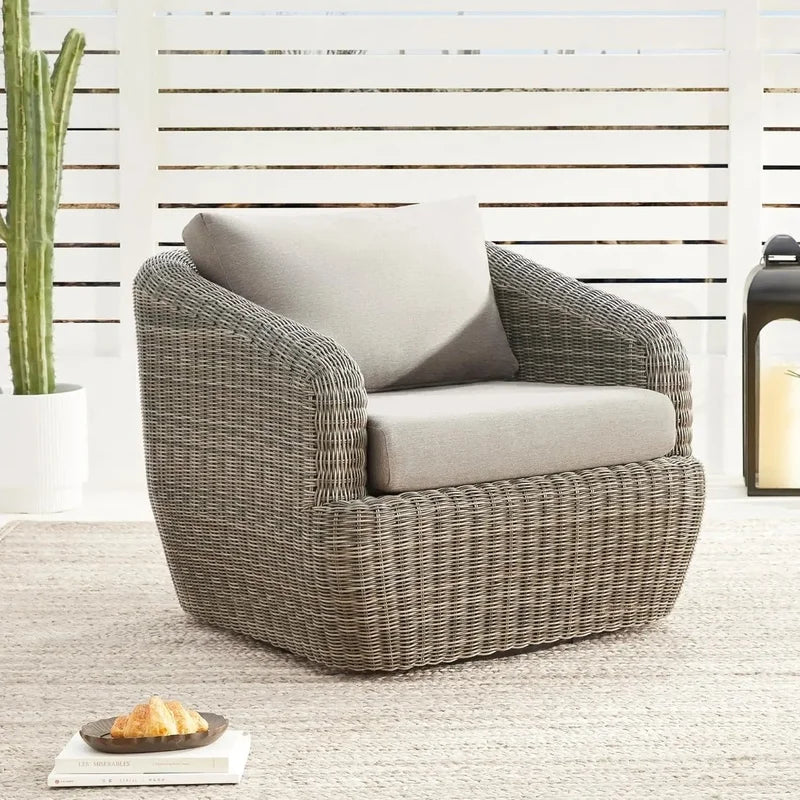 Swivel Rattan Chair with Removable Cushions for Outdoor Use, Perfect for Patios, Decks, and Sunrooms, Gray Cushions Included