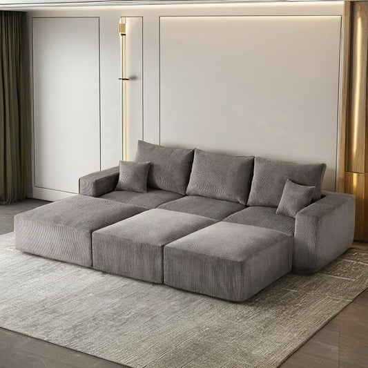 Modern Sectional Sleeper Sofa Bed 3-Seater Grey Lounge Couch Corduroy Convertible Sponge Compression Modular Sofas Chaise Home
