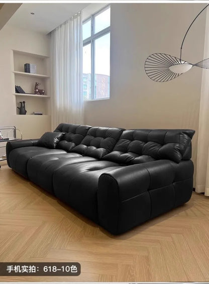 Retro oil wax leather sofa, small apartment living room straight row sofa, large sitting depth movable backrest medium ancient