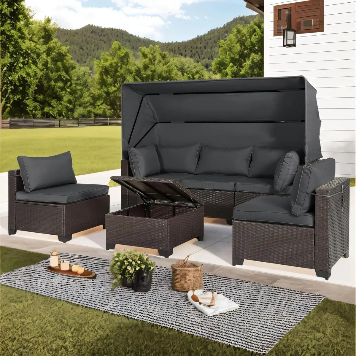 Y 6 Pieces Patio Daybed with Retractable Canopy, Patio Furniture Sets Outdoor Wicker Sectional Sofa Set Seating Chairs