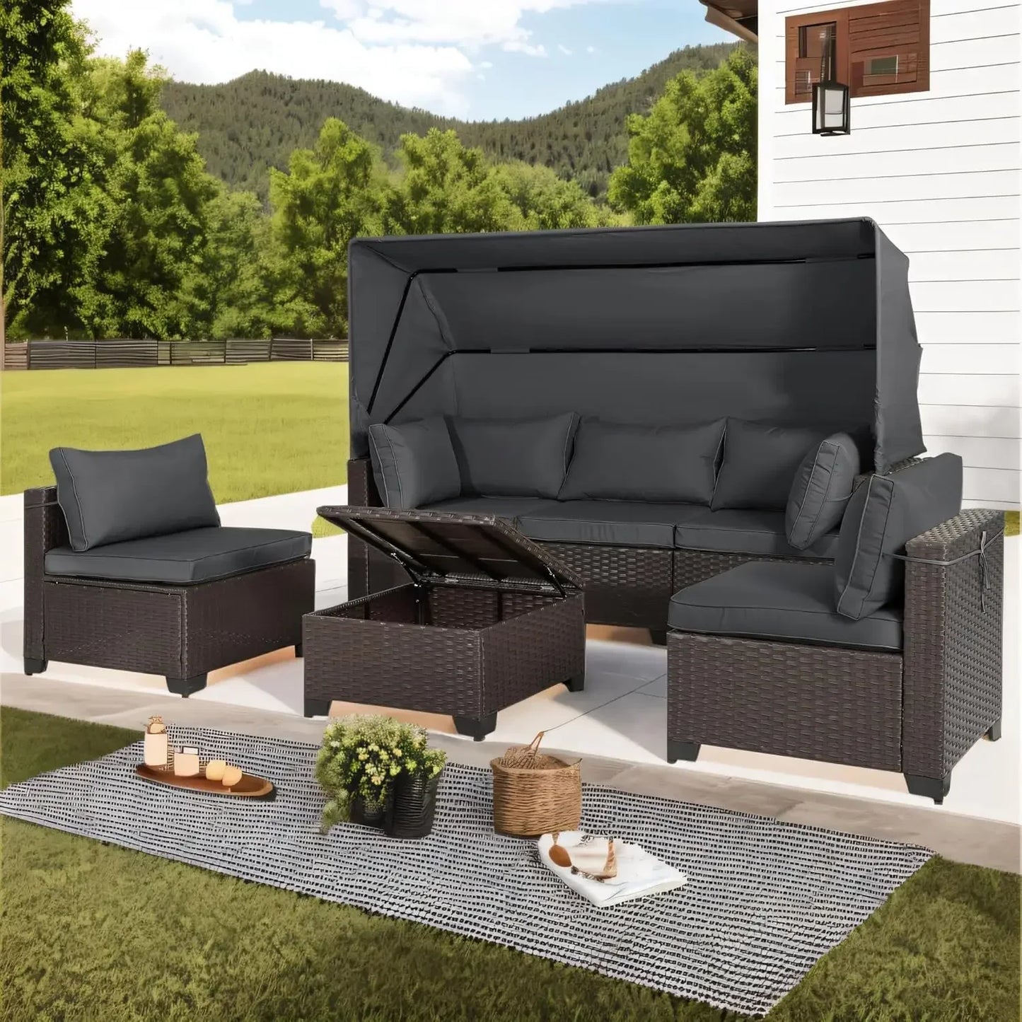 Y 6 Pieces Patio Daybed with Retractable Canopy, Patio Furniture Sets Outdoor Wicker Sectional Sofa Set Seating Chairs