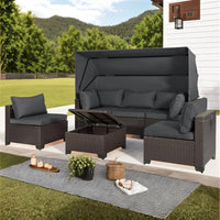 Y 6 Pieces Patio Daybed with Retractable Canopy, Patio Furniture Sets Outdoor Wicker Sectional Sofa Set Seating Chairs
