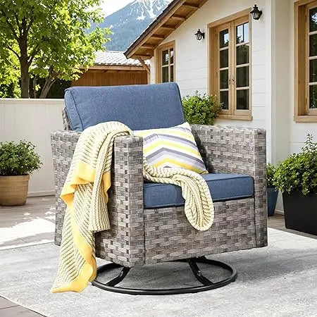 Patio Rocking Chair, Outdoor Wicker Rattan Chair with Comfortable Cushions and Deep Seat for Porch Garden Deck, Denim Blue