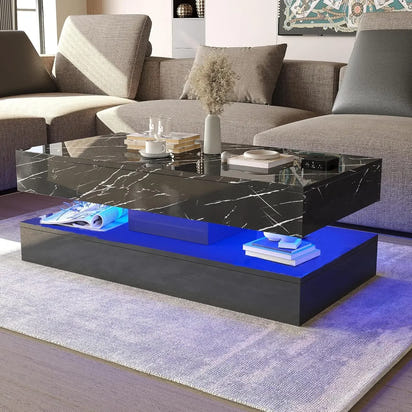 LED Coffee Table with Storage Drawers, Modern High Gloss Coffee Table Colors LED Lights,  Rectangle Center Table