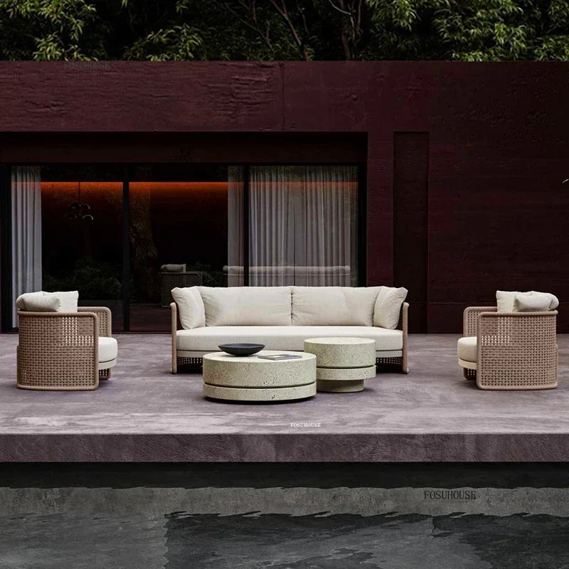 Retro Rattan Outdoor Sofas Luxury Garden Furniture Leisure Home Balcony Patio Set Rainproof and Sunproof Nordic Rope Sofa Chair