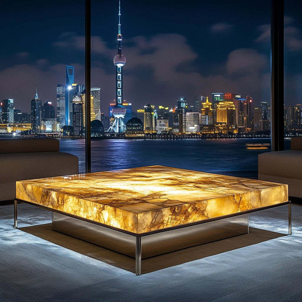 Square luminous jade coffee table villa living room marble high-end Venice brown home